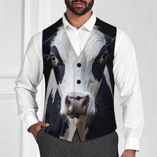 Close Up of Black White Cow Men's Suit Vest Slim Fit V-Ncek Waistcoat Business Casual Vest2