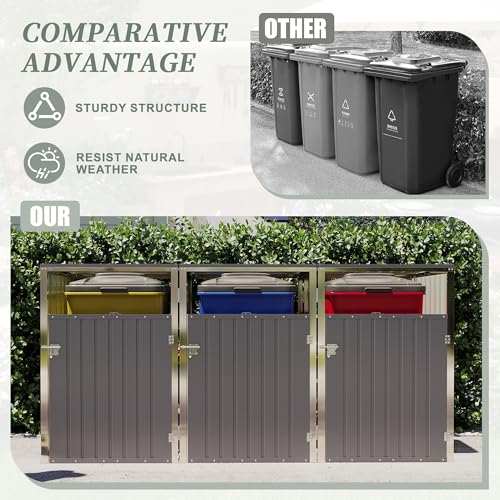 Image of KEIKI 3-Bin Outdoor Trash Can Storage Shed, 83 Cu.Ft Metal Garbage Bin Enclosure with Lift-Up Lid & Lockable Double Doors, Weather-Resistant Heavy-Duty Patio Garden Shed, Light Gray