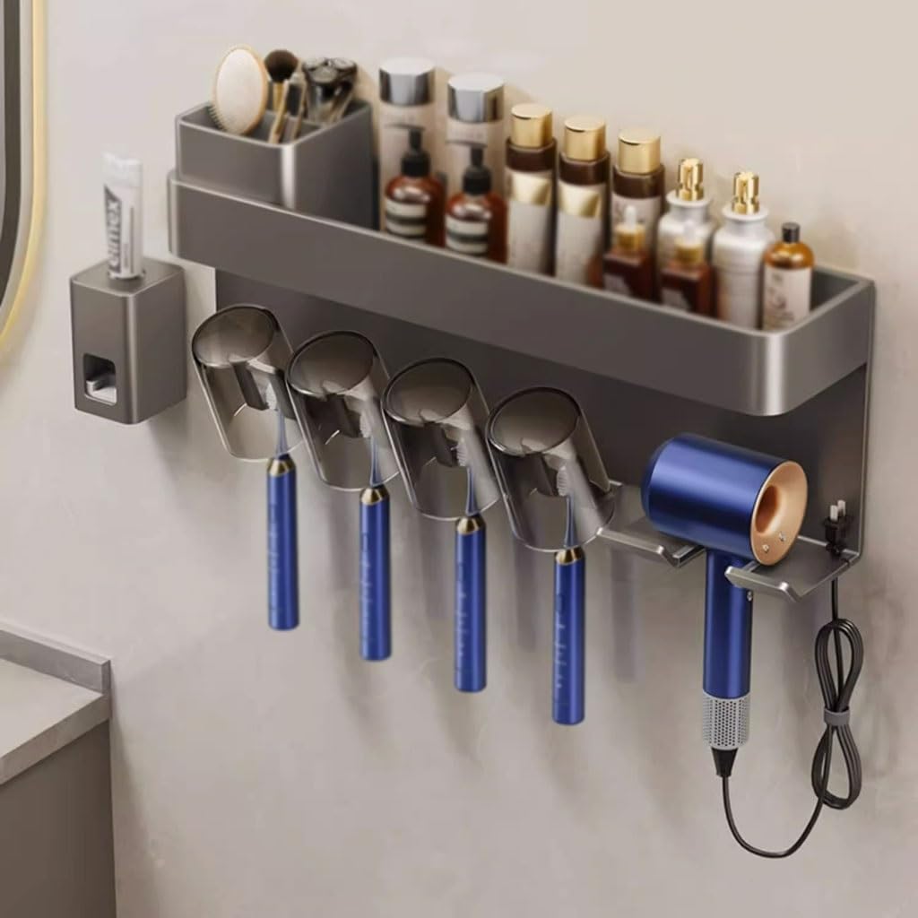 Soporte de Aluminio for Pasta de Dientes, Soporte de Pared for cepillos de Dientes, Estante de Almacenamiento de cosméticos, Puede Contener secador de Pelo