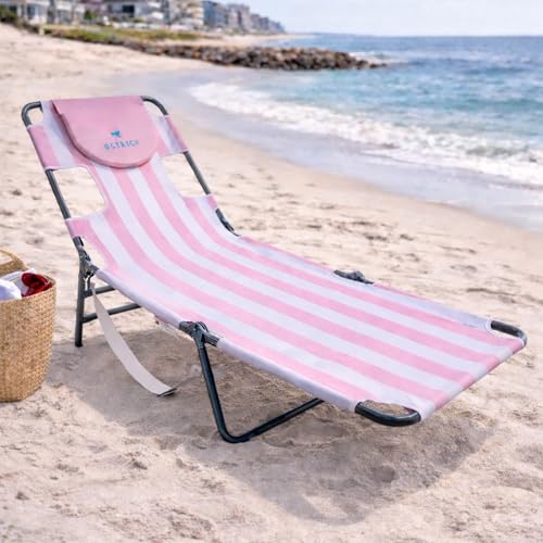 Image of Ostrich the Original Chaise 72 x 22 Inch Lounge Portable Reclining Lounger, Outdoor Patio, Beach, Lawn, Camping, or Pool Tanning Chair, Pink Stripe