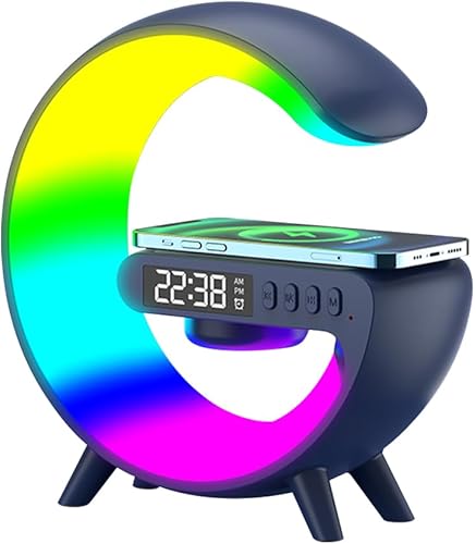 Miniatura 1 de FHNUVB Cargador de altavoz inalámbrico, lámpara de mesa de ambiente con carga de alta velocidad de 10 W, reloj despertador 7 en 1, luz nocturna de