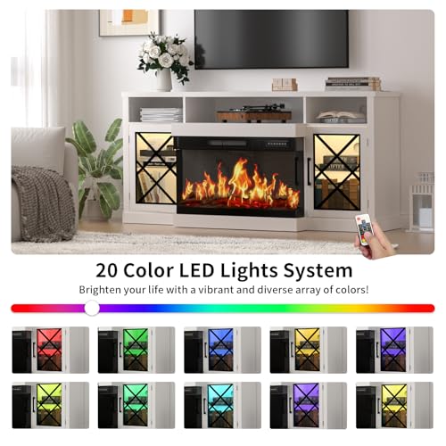 BREEZEHEAT 65\" 3-Sided Electric Fireplace TV Stand for TVs up to 75\", Glass Fireplace Entertainment Center with 30\" LED Fireplace, Media Console w/Storage Cabinet & Glass Doors (White) - Thumbnail 5