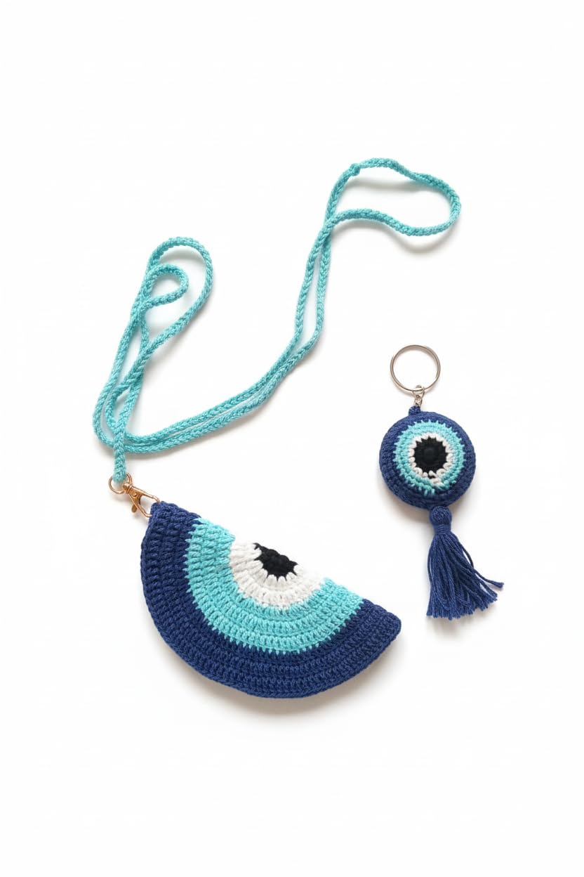 Handmade Crochet Sunglass Holder Pouch with Keychain Soft Protective with Strap Lightweight, Durable & Stylish Eyewear Bag for Women Boho Sling Pouch
