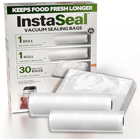 InstaSeal Vacuum Sealer Bags for Food, 1 Roll 8" x 20 Ft + 1 Roll 11" x 20 Ft + 30 Pre Cut Vacuum Seal Bags for Food, Works with MOST Vacuum Sealer Machines, Helps Keep Food Fresher Longer Cover
