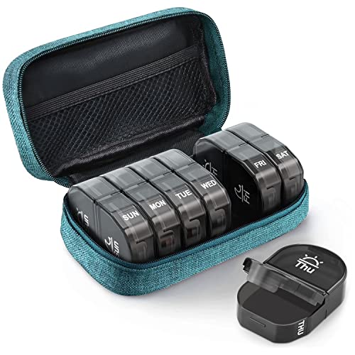 AUVON Canvas Bag Travel Pill Organizer 2 Times a Day, Large AM/PM Weekly Pill Box 7 Day Pill Case with Portable Cyan Zipper Cloth Bag for Holding Supplements, Vitamins and Fish Oils