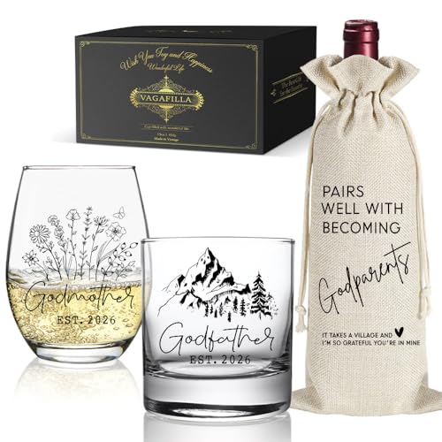Vagafilla Godfather Godmother Mountain Whiskey & Wine Glass Gift,Novelty Wine