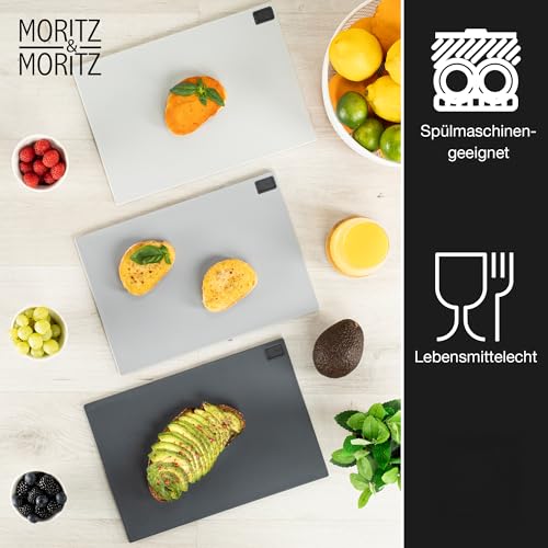Moritz & Moritz 3x Schneidebrett Kunststoff Set - 32 x 22 cm - Im praktischen Ständer – Küchenbrett Groß – Spülmaschinengeeignet und hygienisch 3