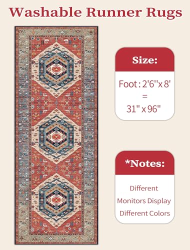 SERISSA Runner Rug for Hallways, 2'6"x8' Washable Non Slip Boho Kitchen Runner Rug, Vintage Rust Ultra Soft Print Distressed Tribal Floor Carpet for Bedroom Bathroom Laundry Room
