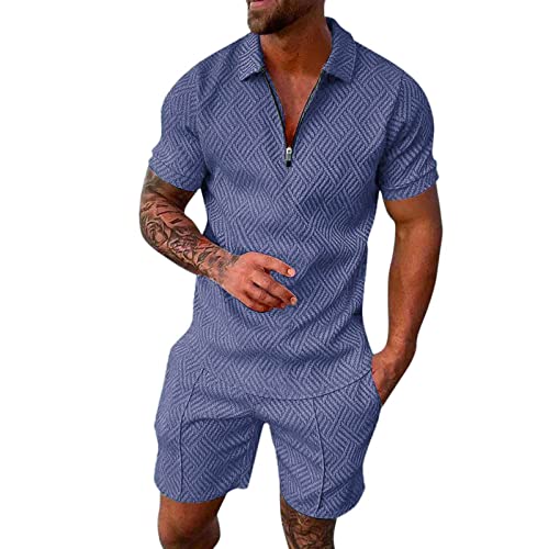 Male Casual Striped Two Piece Suit Zipper Collar Short Sleeve Top Blouse Suit Drawstring Pocket Short Tuxedo Button Set Navy #TOP22