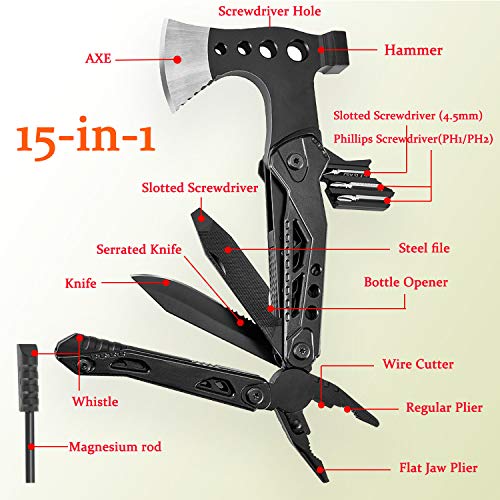 Camping Multitool Accessories Gifts for Men: 15-in-1 Pocket Fold Compact Tools with Knife Axe Hammer Screwdriver Plier Bottle Opener Durable Pouch for Fishing Hunting Backpacking Hiking Kit