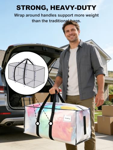 Image of HOMESURE Supports 200lbs Heavy Duty Moving Bags - Strong Zipper & Wrap-Around Handles - Water-Resistant Storage Totes, Durable Alternative to Moving Boxes - 12 Pack - Clear
