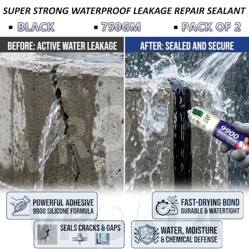 Image of Black Waterproof Silicone Sealant Super Strong 9900 Water Sealant Fast Drying Leakage Repair Adhesive Durable Weatherproof Silicon Glue Paste for Roof Concrete Water Tank (750gm, Pack of 2)