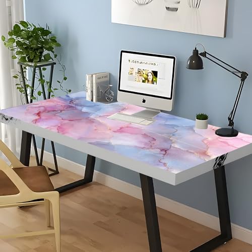Image of Desk Sticker 39.37 x 23.62 Inch Pastel Ink Marble Texture with Gold Veins Watercolor Cloud Blush Blue Pink Decorative Desktop Cover for Home Office Study Table Art Craft Workspace