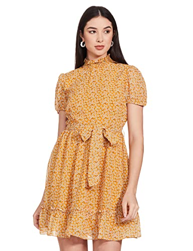 Image of FabAlley Women's Georgette Skater Regular Yellow Floral Belted High Neck Dress