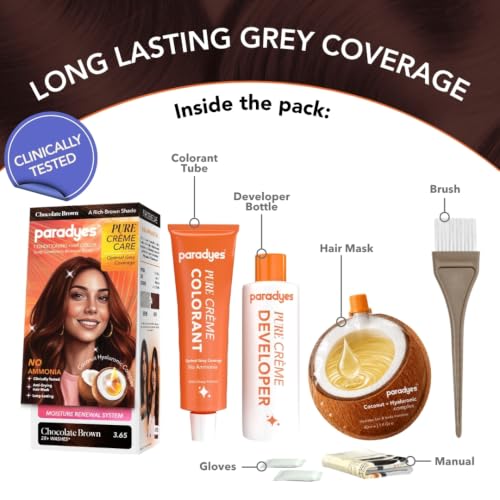 Image of Paradyes Pure Creme Care No Ammonia Hair Color Dark Brown 3.0 | Long-Lasting Creme Formula | Grey Coverage | Coconut Milk + Almond Oil + Hyaluronic Complex | Smooth & Shiny Finish | 120g+40 ml