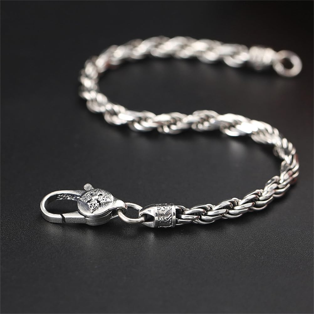 S925 Bracciale Personalizzato in Argento Sterling Con Sei Parole Della Verità, Bracciale in Corda Di Canapa Con Sei Parole Della Verità Vajra E Pestello Da 4 Mm Per Uomo,Argento,18cm