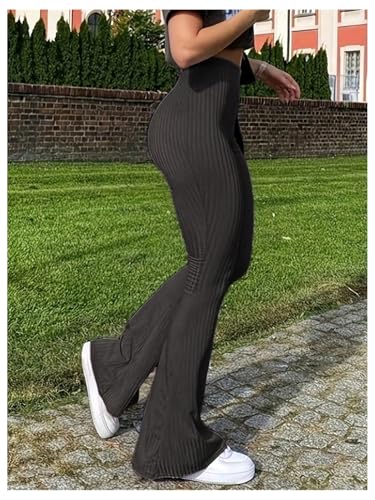 OYOANGLE Women's Elastic High Waist Flare Leg Pants Ribbed Knit Skinny Bell Bottoms Trousers3