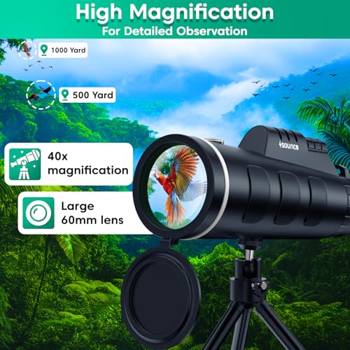 Image of Sounce 40X60 HD Monocular with Built-in Compass - High Power 40X Magnification Zoom Scope for Adults & Children, Compact Outdoor Gadget for Bird Watching, Wildlife, Sports, Hiking