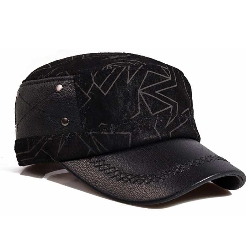 Berretti Piatti in Pelle Cappello Militare Militare Caldo Regolabile Uomo Gioventù Lingua D'Anatra Cappelli for papà Stampa Geometrica(Schwarz,XL 57 58cm)