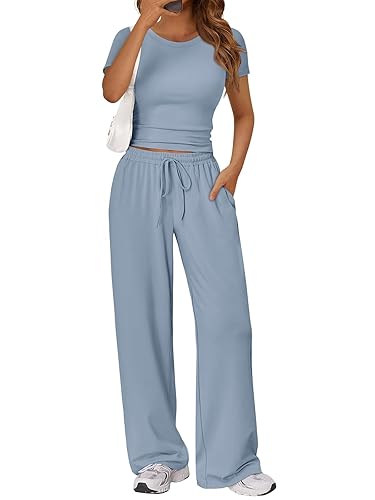 2 Piece Matching Summer Sweatsuit Lounge Set Womens Wide Leg