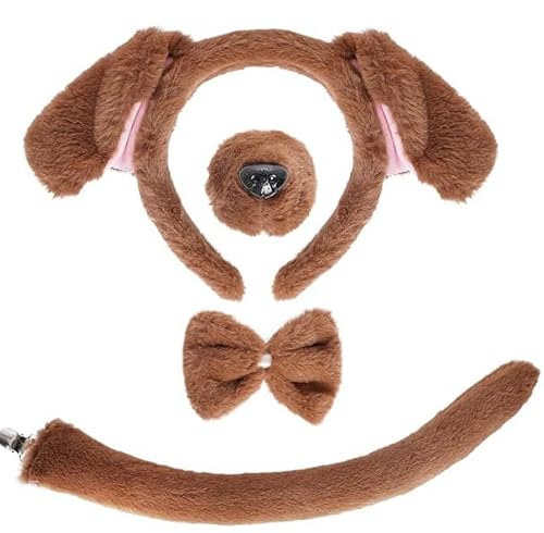 OJIOUI 4Pcs Dog Costume Set Brown Puppy Dog Ears Headband and Tail Bow Tie Animal Costume Accessories for Halloween Cosplay Party Dress Up