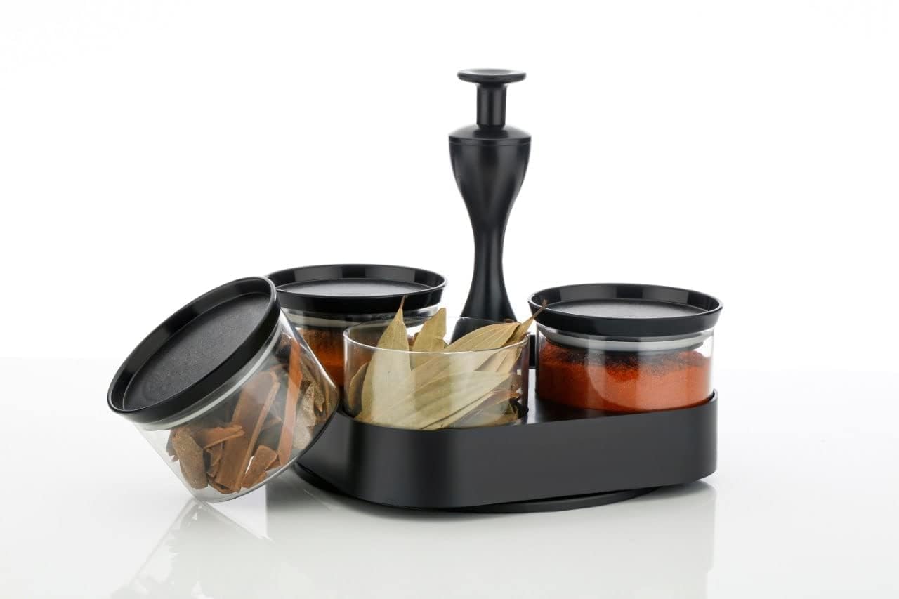 NHB BOUTIQUENHB BOUTIQUE Classic Polycarbonate Airtight and Unbreakable Dining Table Container Jar Set for Kitchen Storage of Spices, Pickle, and Dry Fruits with 360 Rotating Tray (600ml)