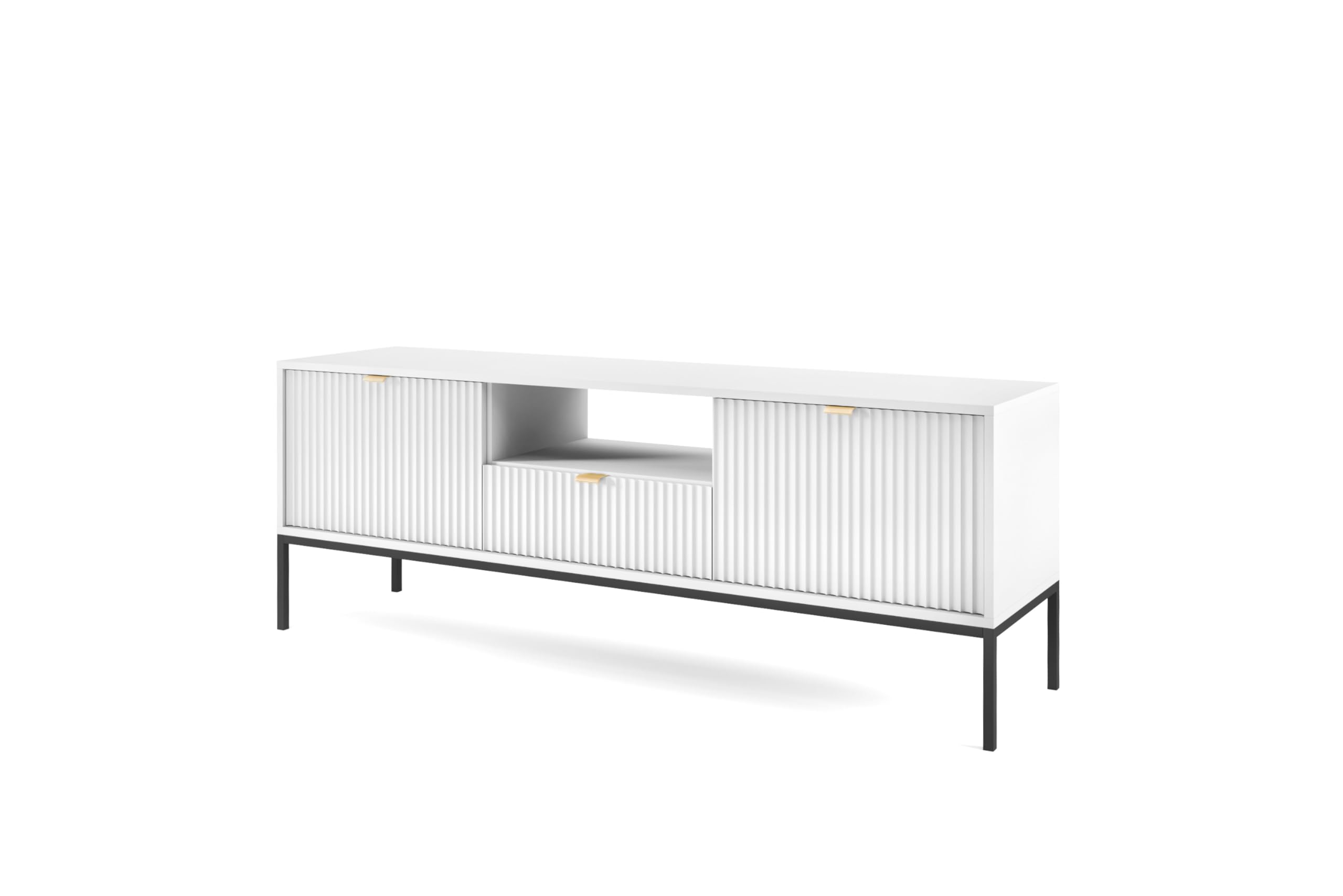 Meuble TV 3 étagères et 2 portes grand rangement en blanc et structure noire