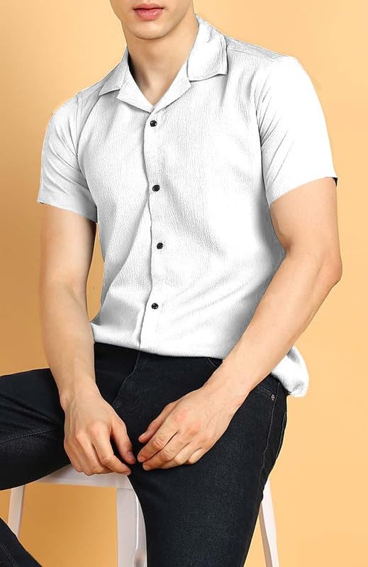 Image of COMBRAIDED Men's Solid Cotton Blend Half Sleeve Shirt - Regular Fit Casual Button-Down Shirt for Office & Travel - Summer & Spring