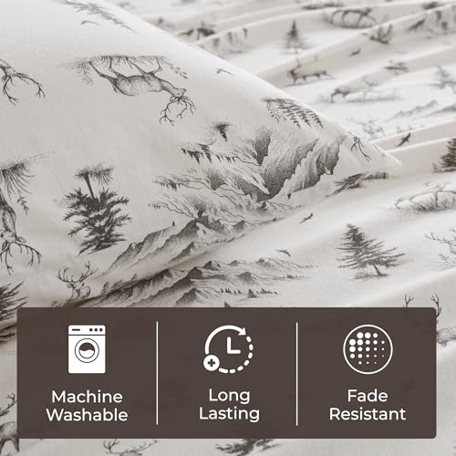 Image of Woolrich Cotton Sheet Set Cottage Charms Print, 100% Cotton Flannel Sheets Warm & Fuzzy Bedding Set Queen Size Sheets, Fitted Pocket Fits Up to 14 inch Mattress, Queen Gray Deer Toile 4 Piece