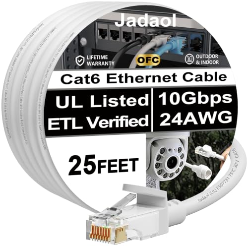 Jadaol [UL Listed] Snagless Cat6 Ethernet Cable 25 ft 10Gbps, PoE++, White