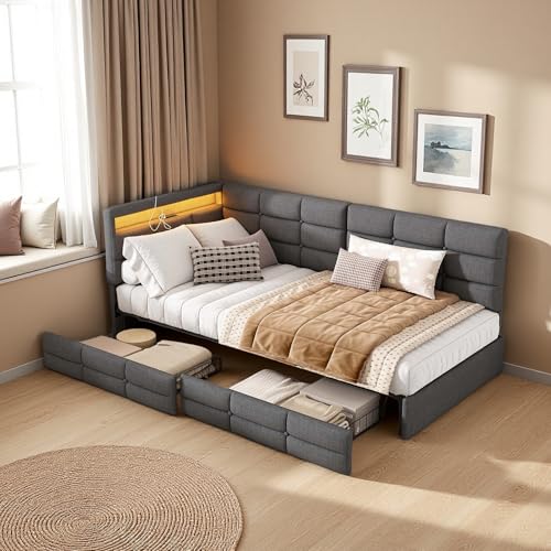 Julyue Polsterbett Schlafsofa 90x200 mit 2 Schubladen Stauraum, Jugendbett 90x200 mit LED-Beleuchtung und USB-Ladestation, Einzelbett mit Lattenrost aus Holz,Leinen Grau(ohne Matratze)