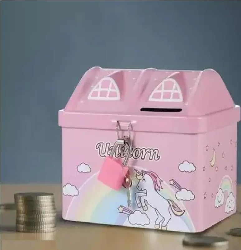 Image of Unicorn Printed Hut Shape Coin Bank Piggy Bank for Kid with Lock & Key Money Saving Storage Bank for Children Coin Collection Box for Girl Small Saving Box for Boys (L, 1, Count)