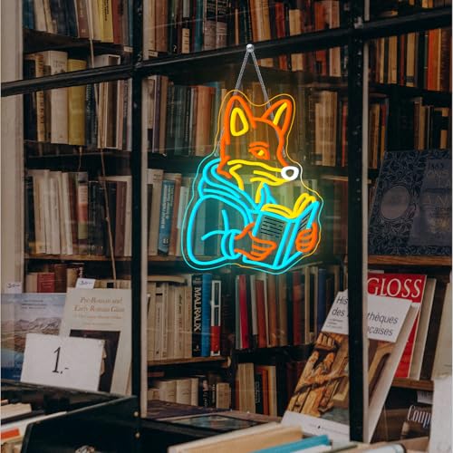 Image of Fox Reading Book Neon Sign Animal Books Neon Wall Decor Colorful Neon Lights for Library Bookshelves Classrooms Bedrooms Wall Art Decoration Classroom LED Light Sign Art Gifts for Book Lovers