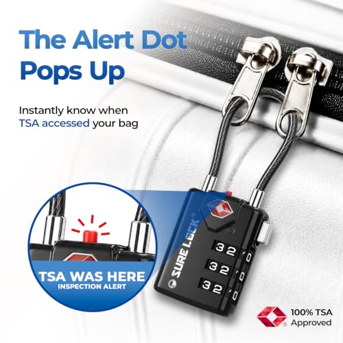 SURE LOCK TSA Approved Luggage Locks with Open Alert Indicator, 3 Digit Combination Cable Travel Lock for Suitcase, Backpack & Travel Bag, 2 Pack Black - Image 4