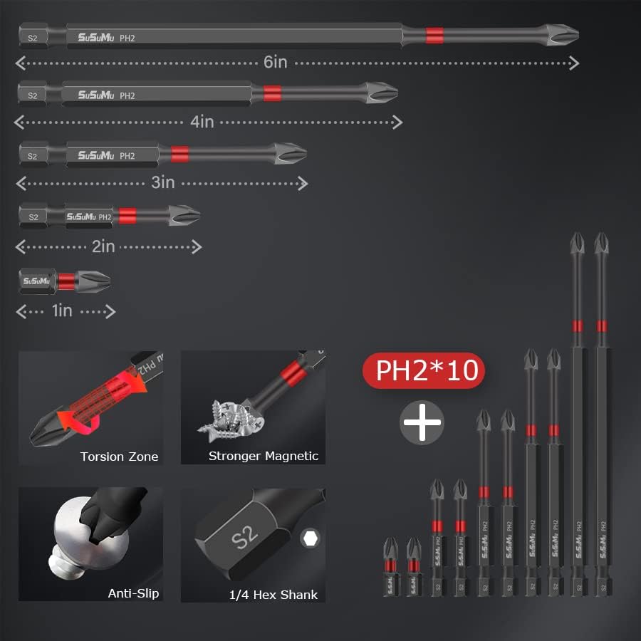 Miniatura 5 de Phillips Bits 2 Impact 1 2 3 4 6 pulgadas Inserto fuerte magnético Phillips puntas PH2 10 piezas Phillips Puntas Destornillador Juego de brocas para
