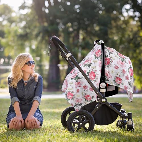 Image of Metplus Car Seat Cover Baby Girl, 100% Muslin Cotton Infant Carseat Covers, Lightweight Breathable Car Seat Canopy, Summer Stroller Sun Shade, Newborn Travel Essentials (Pink Floral)
