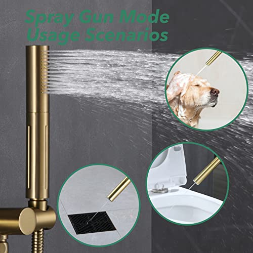Vanfoxle Shower Faucet Set Brushed Gold Shower System,Push Button Diverter Shower Faucet With 2 In 1 Handheld,10 Inch Shower Head With 4 Pcs Two Modes Body Jets(Rough-In Valve Body And Trim Included) #TOP4