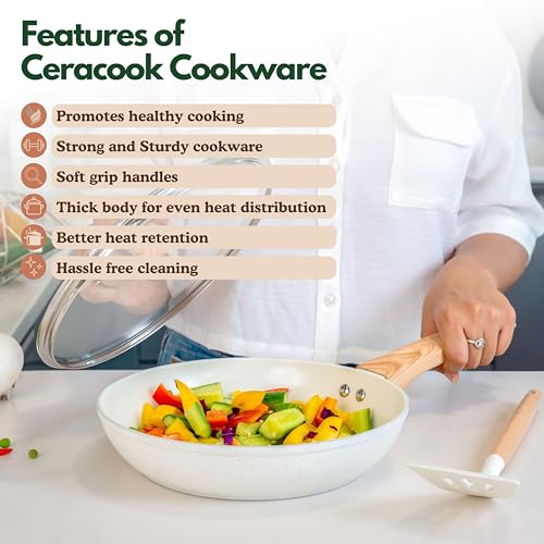 Image of Kreme Ceracook Ceramic Coated Granite Fry Pan 1.8L /24cm with Glass Lid, ISI Certified Frying Pan, Forged Aluminium, Gas & Induction Use, Non Toxic, PFAS & PTFE Free, 1 Year Warranty, Ivory