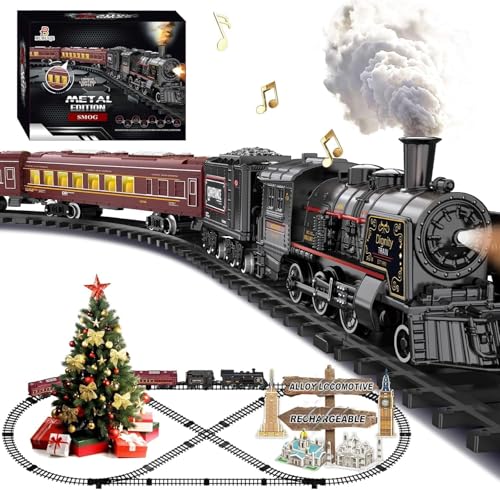 Image of Electric Train Sets for Kids Metal Alloy Christmas Train Toys Steam Locomotive, Glowing Passenger Carriages, Luxury Tracks, Light & Sounds Rechargeable Birthday Gifts for Boys Girls Red 