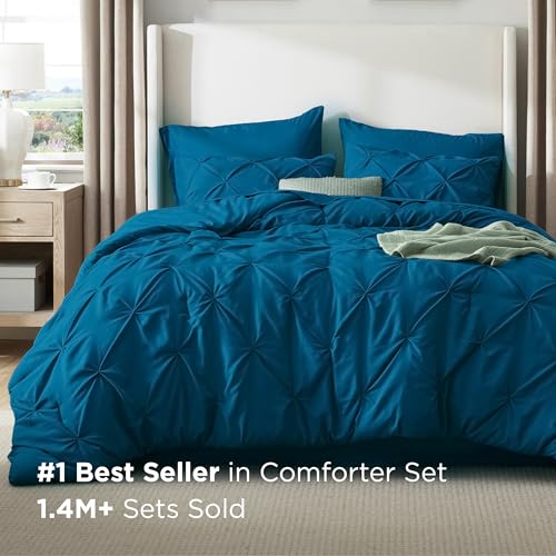 Image of Bedsure King Size Comforter Set Teal - Bed in a Bag Bedding Set 7 Pieces, GentleSoft Pintuck Bed Set Gift for Family, All Season Down Alternative Comforter with Sheets, Pillowcases & Shams