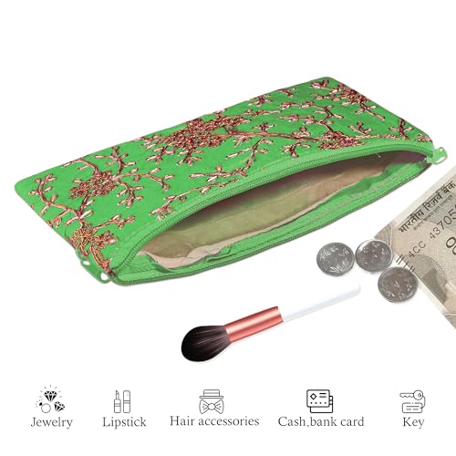 Image of Kuber Industries 2 Pcs Polyester Hand Purse for Woman with Zip | Lightweight & Compact Ladies Purse /Wallet for Travelling, Party, Wedding & Events | Embroidery Design - Green