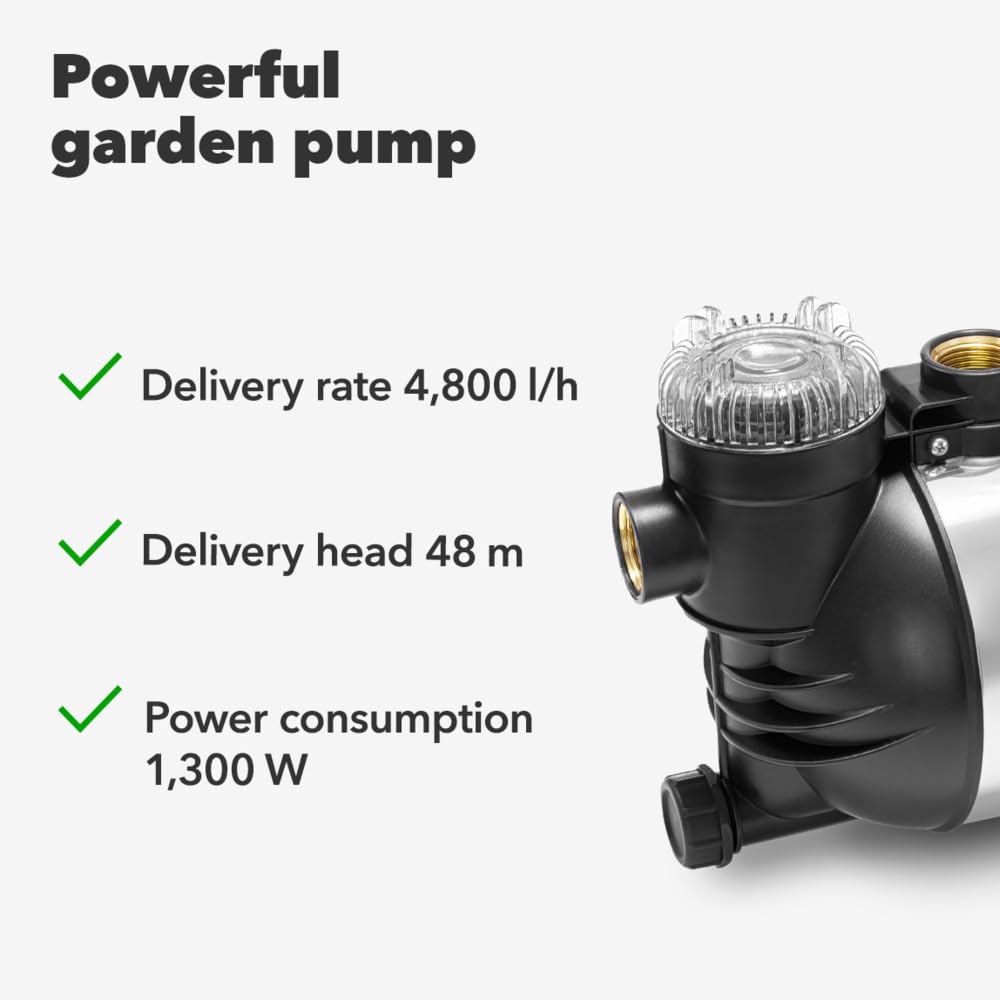 TROTEC Bomba de jardín TGP 4800 ESF – Bomba con potencia 4800 l/h, 1300 W – Presión de extracción 4,8 bar, altura de extracción 48 m, altura de aspiración 7 m, bomba de agua para barriles de lluvia,