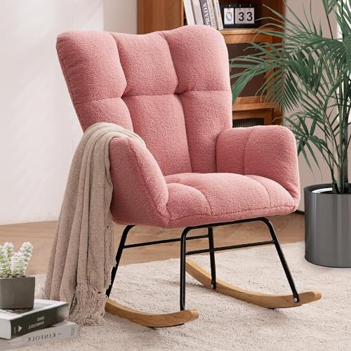 Image of Ugijei Nursery Rocking Chair, Teddy Upholstered Glider Rocker with High Backrest Armchair, Modern Rocking Accent Chairs for Nursery, Living Room, Bedroom, Offices (Pink)
