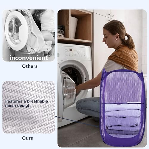 Image of Pop Up Laundry Hamper, Mesh Laundry Basket Collapsible, Foldable Hamper for Travel and Storage (Purple)
