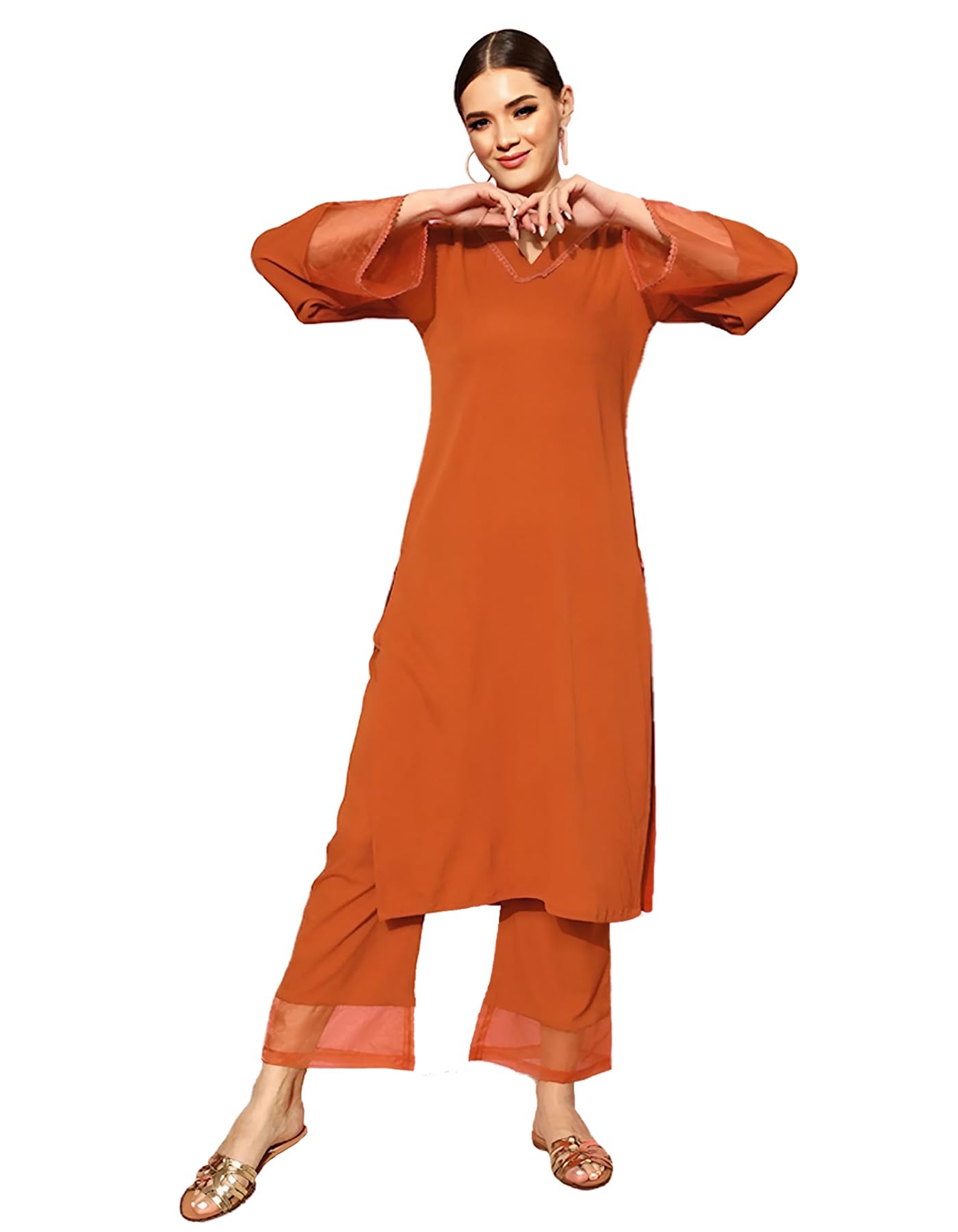 Varanga Women Rust Straight Kurta Set With Tonal Bottom  Relaxed Fit, Casual & Semi-Formal Wear, Comfortable Cotton Kurta For Women (Small)