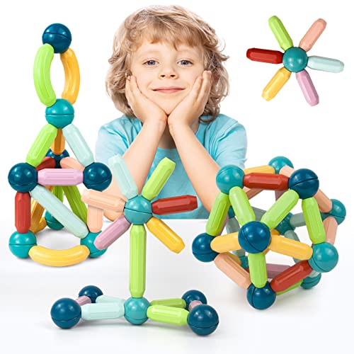 Gentle Monster Magnetic Balls and Rods Set, 64Pcs Magnetic Building Sticks Blocks for Kids Toddlers, 3D Educational STEM Toys Learning Magnet Construction Toy for Preschool Age 3+ Year Old Boys Girls