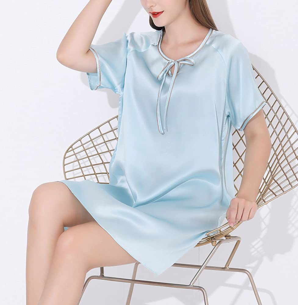 Valin Mujer Azul Claro Simple 100% Seda Pijama Vestido Camisón Camisón Manga Corta 19 Momme Pijama de Seda,XL, S5684
