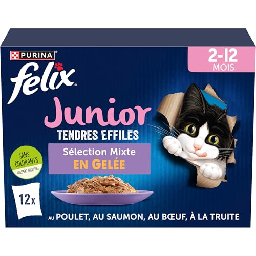 FELIX | Tendres Effilés Junior| Chat | Aliment Complet, Convient au Chaton stérilisé | Au Poulet, Au Boeuf, Au Saumon et à la Truite | Gelée | Portion...