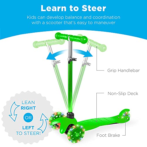 Best Choice Products Kids Scooter with LED Light-Up Wheels, 3-Wheel Lean-to-Steer Toddler Scooter Ages 3+, Adjustable Height Handlebar, Stable Non-Slip Deck, Easy Assembly - Green - image 4