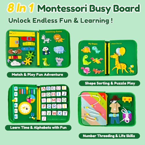 Image of Qizfun Toddler Busy Board Montessori Toys - Sensory Busy Book, Educational Learning Travel Toy for Airplane & Car, Keeps Toddlers Engaged, Birthday Gifts for Toddler Boys Girls